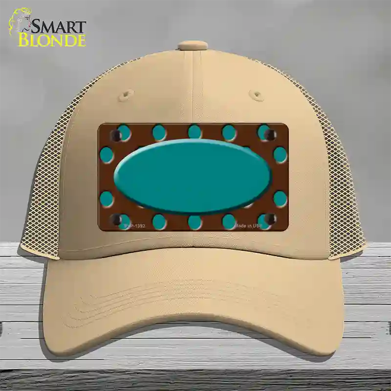 Teal Brown Polka Dot Center Oval Novelty License Plate Hat Mesh / Khaki