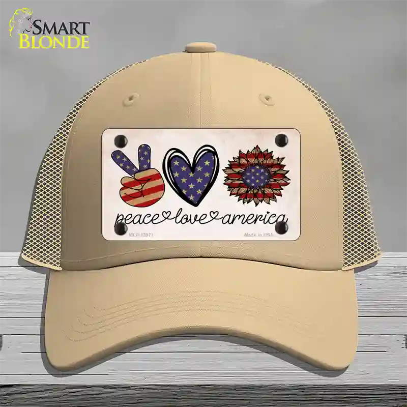 Peace Love America Novelty License Plate Hat Tag Mesh / Khaki