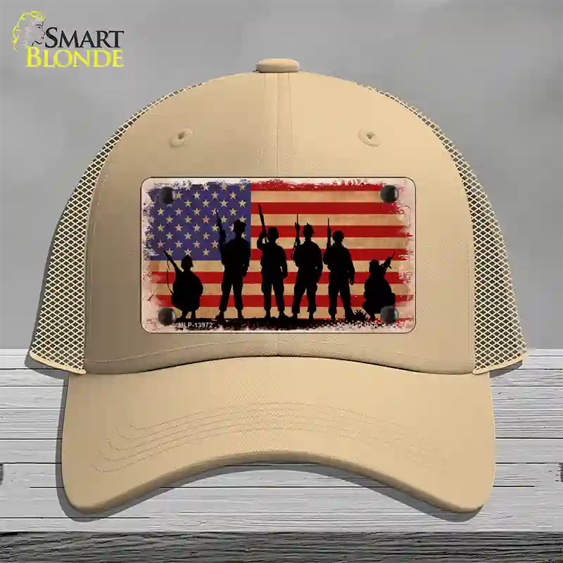 Military Soldiers American Flag Novelty License Plate Hat Tag Mesh / Khaki