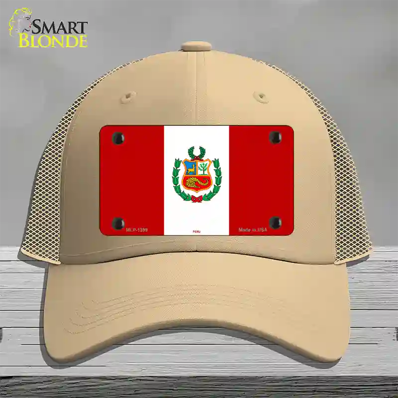 Peru Flag Novelty License Plate Hat Mesh / Khaki