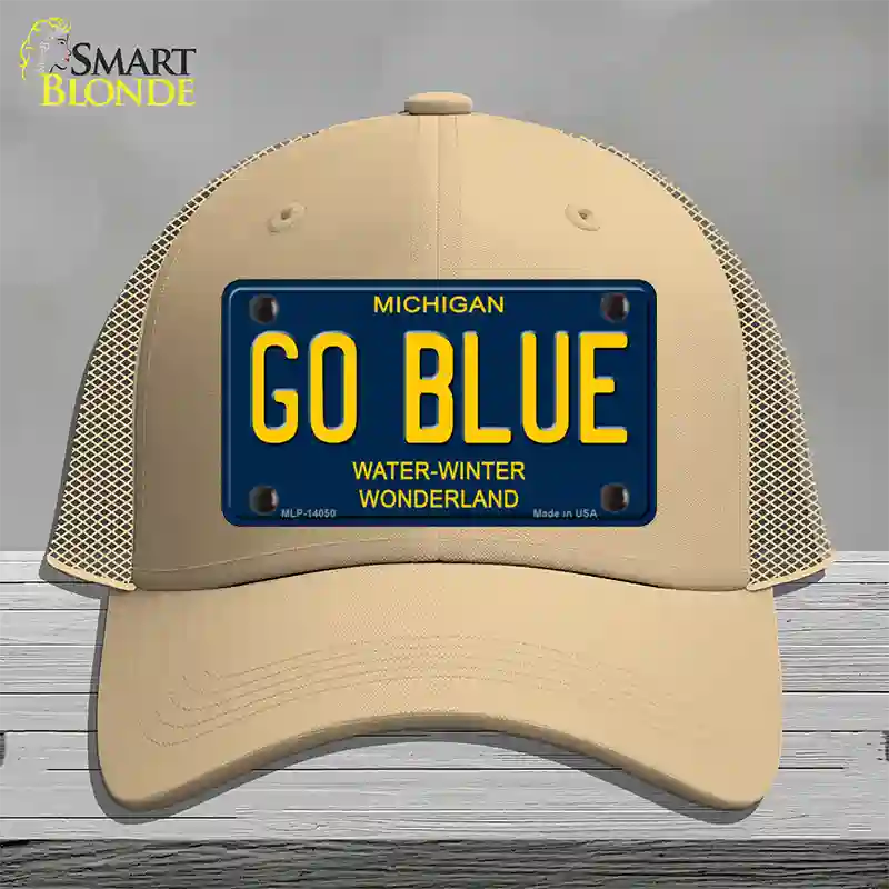 Go Blue Michigan Blue Novelty License Plate Hat Mesh / Khaki