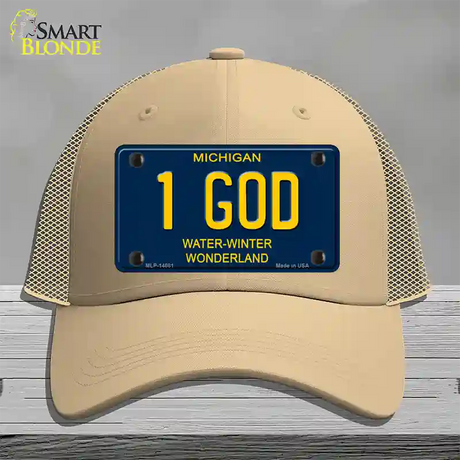 1 God Michigan Blue Novelty License Plate Hat Mesh / Khaki