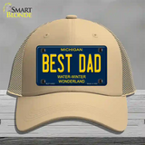 Best Dad Michigan Blue Novelty License Plate Hat Mesh / Khaki