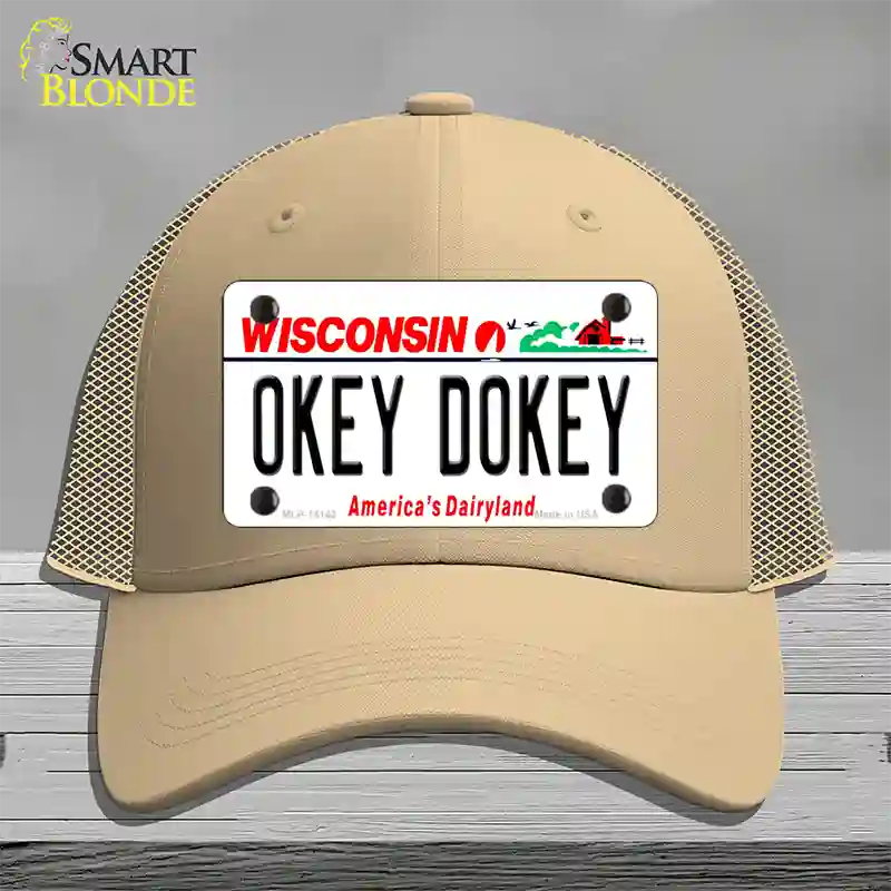 Okey Dokey Wisconsin State Background Novelty License Plate Hat Mesh / Khaki