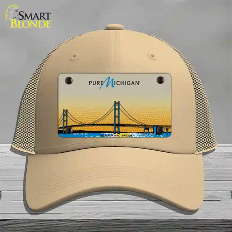 Pure Michigan Mackinac Bridge Novelty License Plate Hat Mesh / Khaki