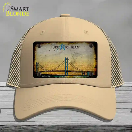 Pure Michigan Mackinac Bridge Rusty Novelty License Plate Hat Mesh / Khaki