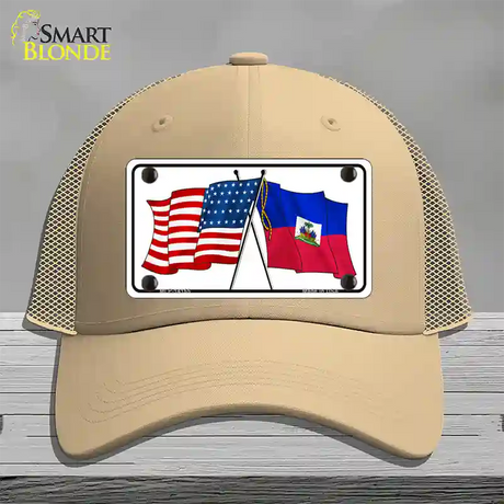 Haiti Crossed US Flag Novelty License Plate Hat Mesh / Khaki