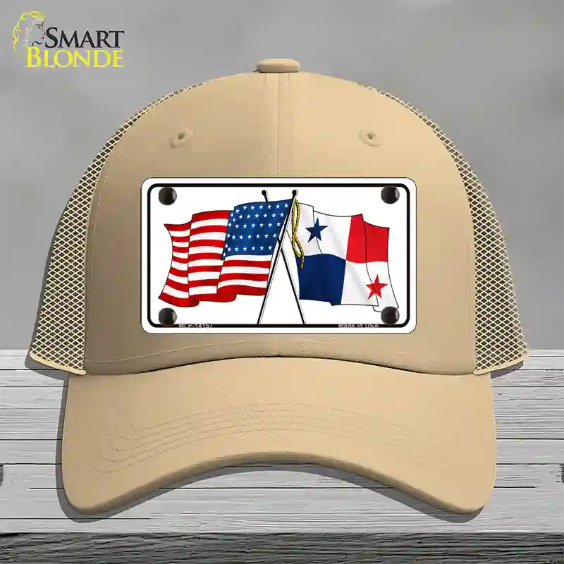 Panama Crossed US Flag Novelty License Plate Hat Mesh / Khaki