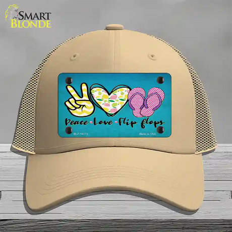 Peace Love Flip Flops Novelty License Plate Hat Mesh / Khaki