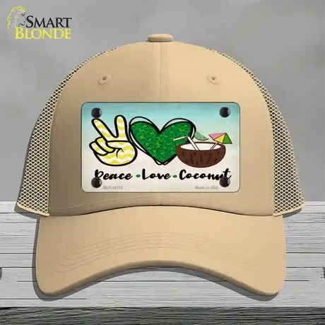 Peace Love Coconut Novelty License Plate Hat Mesh / Khaki