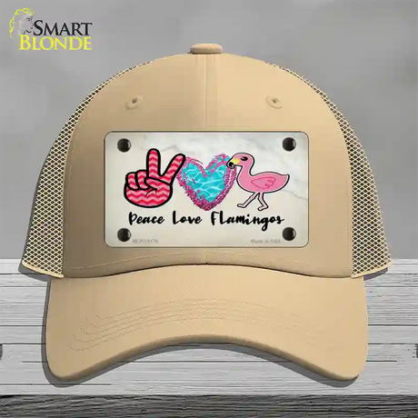 Peace Love Flamingos Novelty License Plate Hat Mesh / Khaki