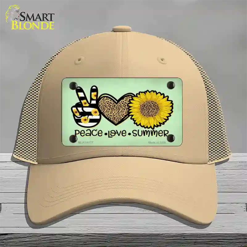 Peace Love Summer Sunflower Novelty License Plate Hat Mesh / Khaki