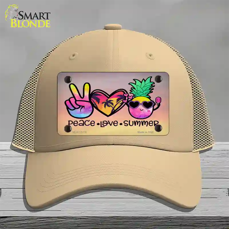 Peace Love Summer Novelty License Plate Hat Mesh / Khaki