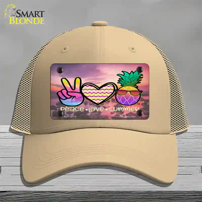 Peace Love Summer Pineapple BeachNovelty License Plate Hat Mesh / Khaki