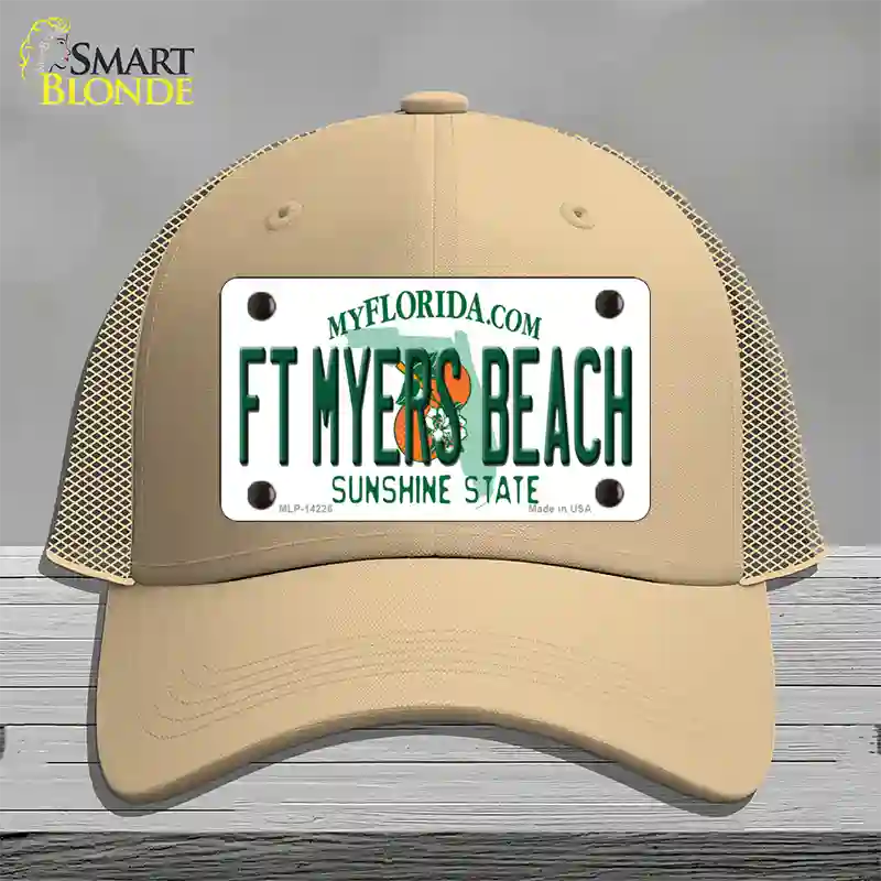 Florida FT Myers Beach Novelty License Plate Hat Mesh / Khaki