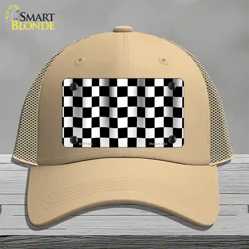 Waving Checkered Flag Novelty License Plate Hat Mesh / Khaki