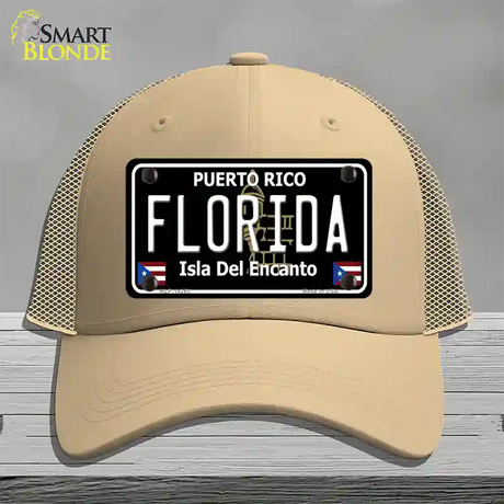 Florida Puerto Rico Black Novelty License Plate Hat Mesh / Khaki