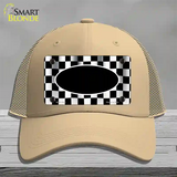 Waving Checkered Flag With Black Center Oval Novelty License Plate Hat Mesh / Khaki