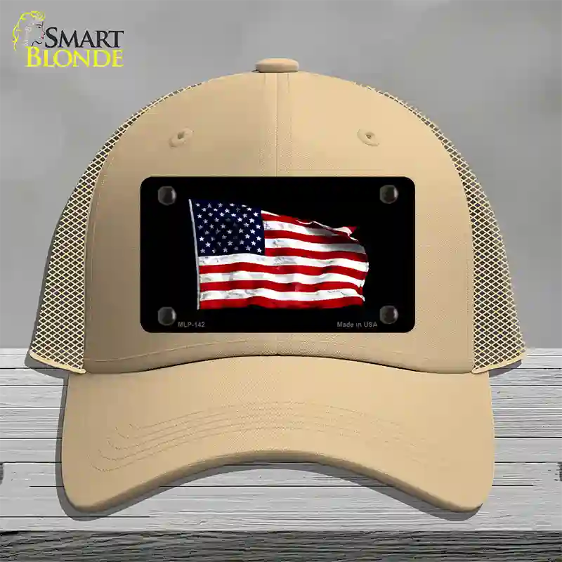 Waving American Flag Black Novelty License Plate Hat Mesh / Khaki