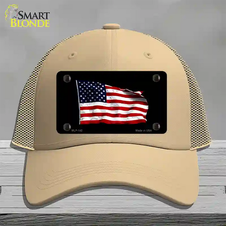 Waving American Flag Black Novelty License Plate Hat Mesh / Khaki