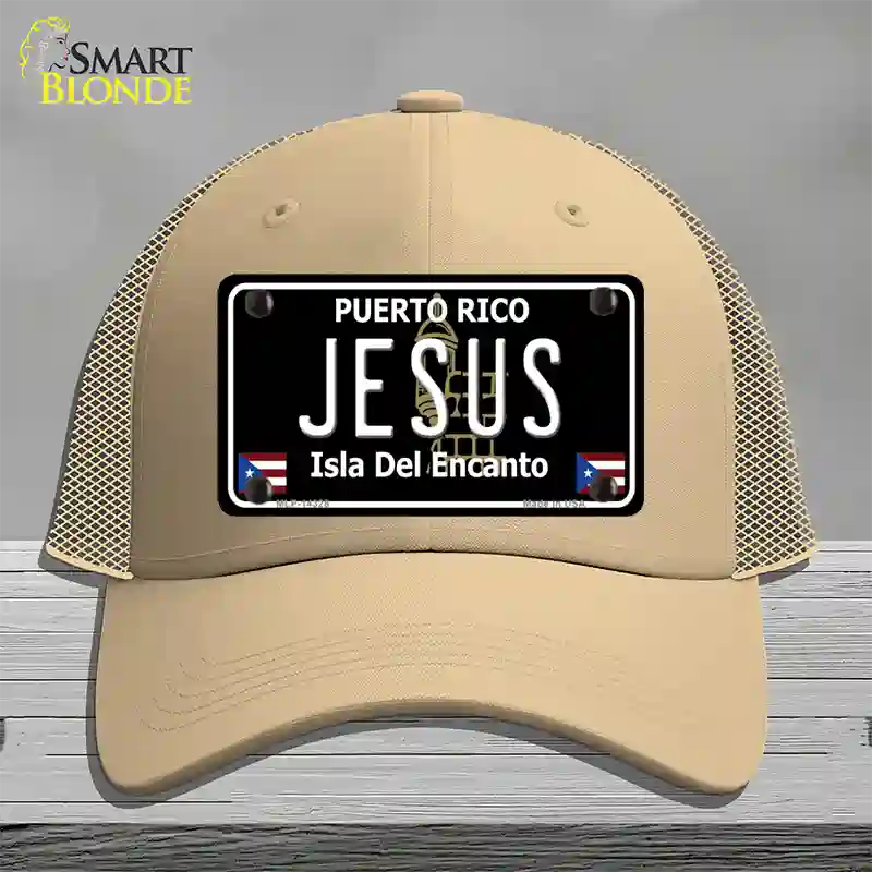 Jesus Puerto Rico Black Novelty License Plate Hat Mesh / Khaki