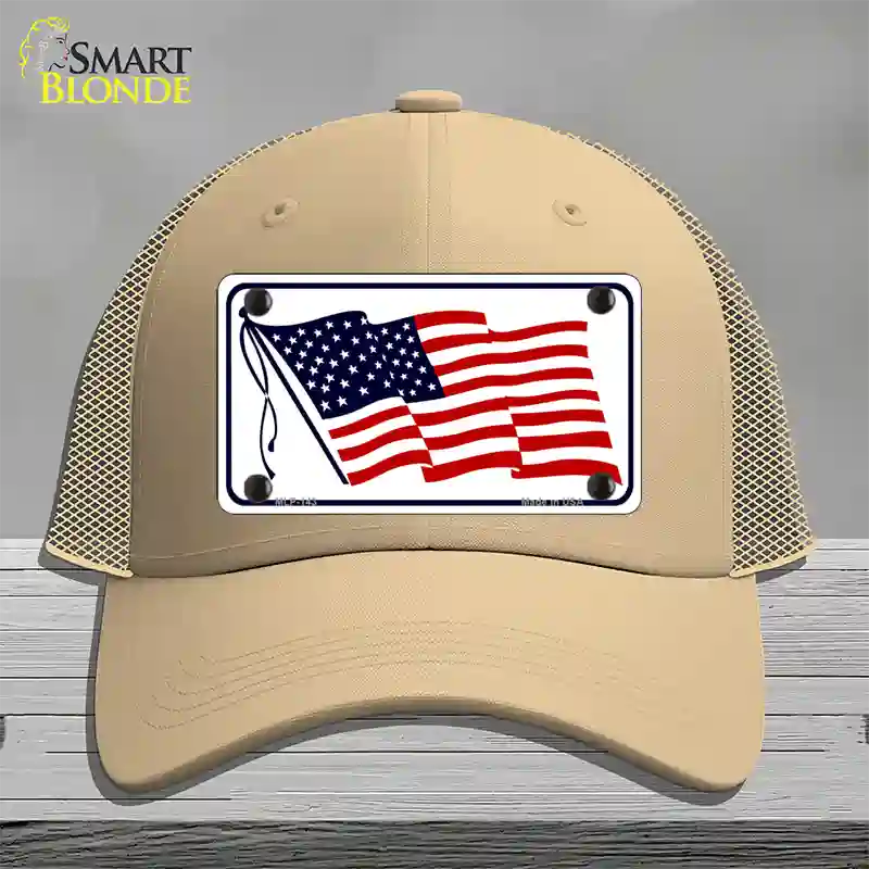 American Flag Waving White Novelty License Plate Hat Mesh / Khaki