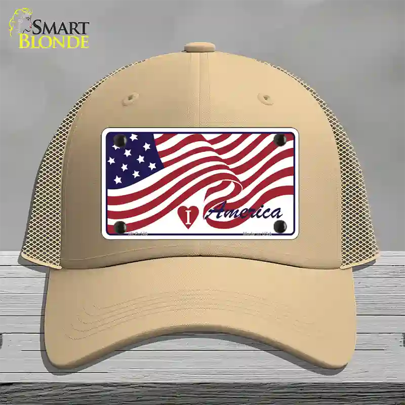 I Love America Flag Novelty License Plate Hat Mesh / Khaki