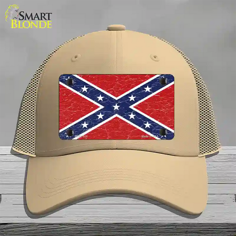 Distressed Confederate Flag Novelty License Plate Hat Mesh / Khaki