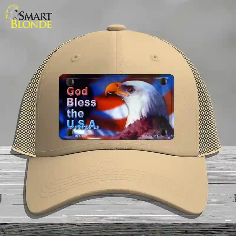 God Bless USA Eagle Novelty License Plate Hat Mesh / Khaki