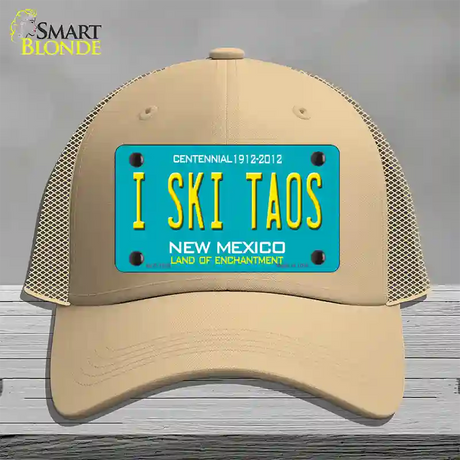 I Ski Taos New Mexico Novelty License Plate Hat Mesh / Khaki