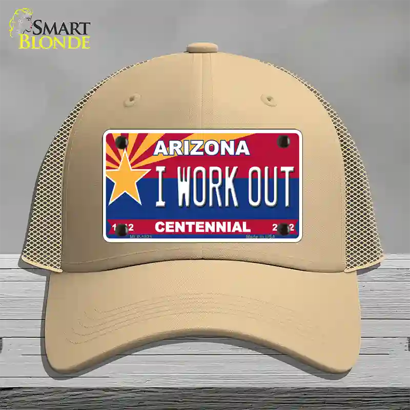 Arizona Centennial I Work Out Novelty License Plate Hat Mesh / Khaki