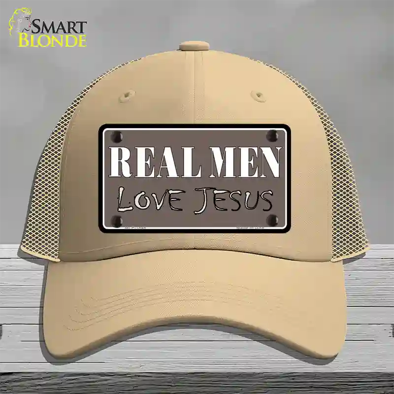 Real Men Love Jesus Novelty License Plate Hat Mesh / Khaki