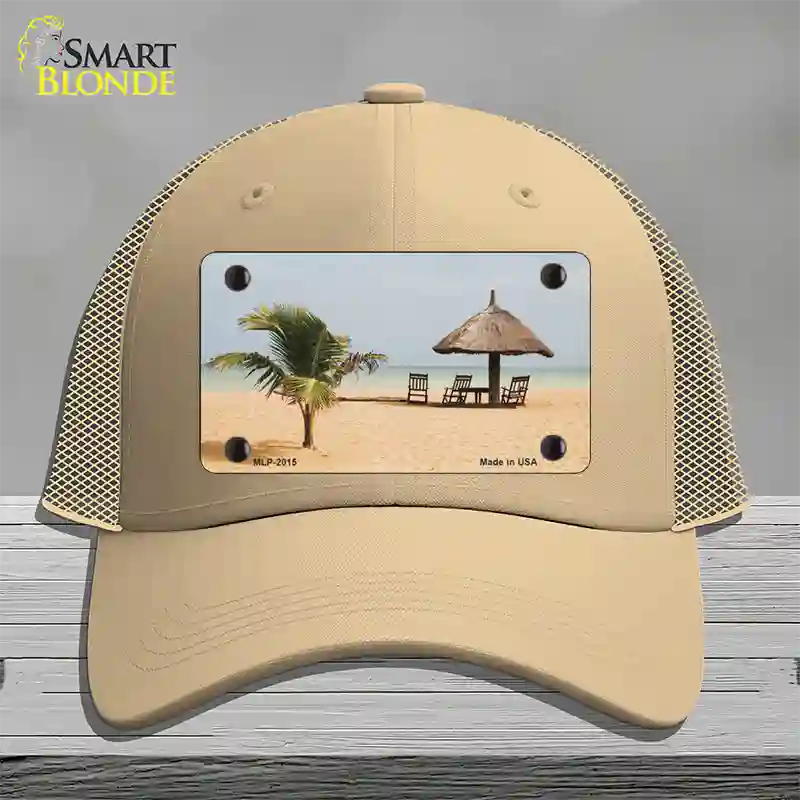 Tropical Beach Setting Novelty License Plate Hat Mesh / Khaki