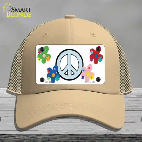 Peace Sign and Flowers Novelty License Plate Hat Mesh / Khaki