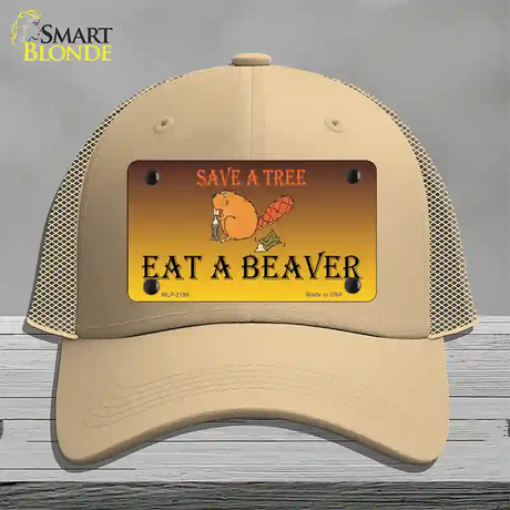 Save A Tree Eat a Beaver Novelty License Plate Hat Mesh / Khaki