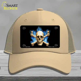 Blue Flame And Crossbones Novelty License Plate Hat Mesh / Khaki