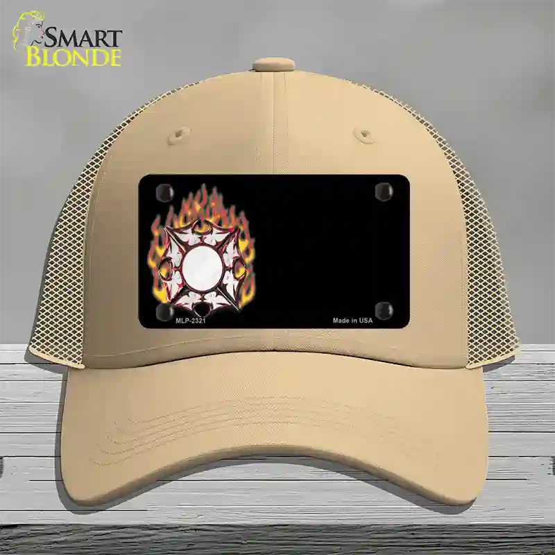 Fire Cross Offset Flat Novelty License Plate Hat Mesh / Khaki