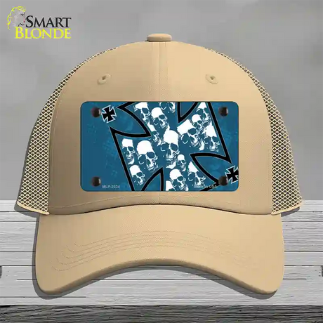 Maltese Cross Skulls Novelty License Plate Hat Mesh / Khaki