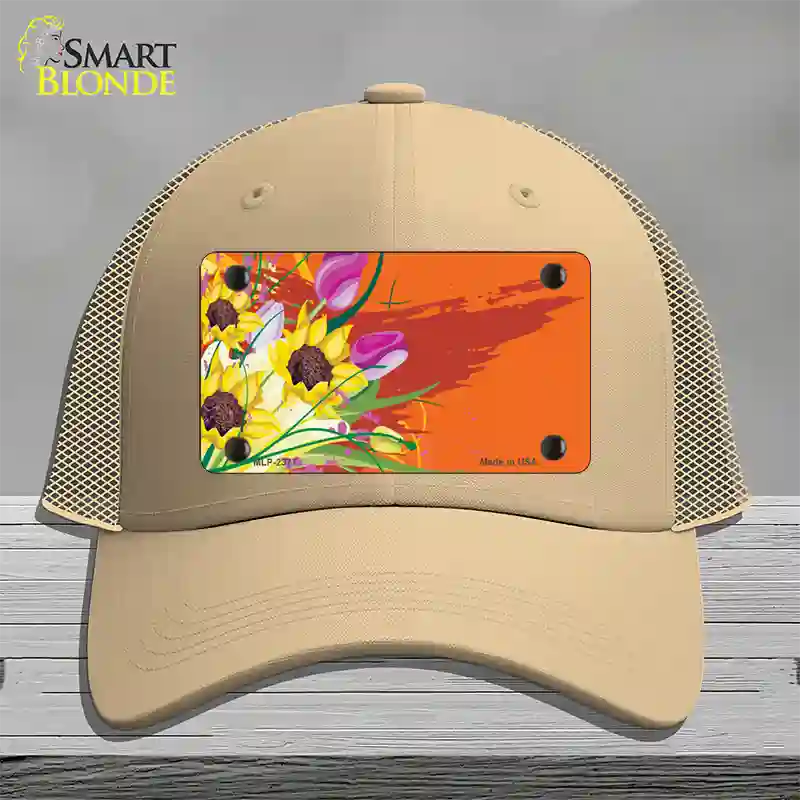 Floral Bouquet Offset Novelty License Plate Hat Mesh / Khaki