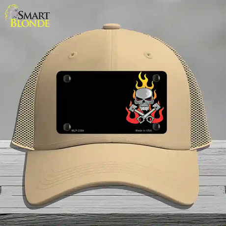 Gear Head Skull Offset Novelty License Plate Hat Mesh / Khaki