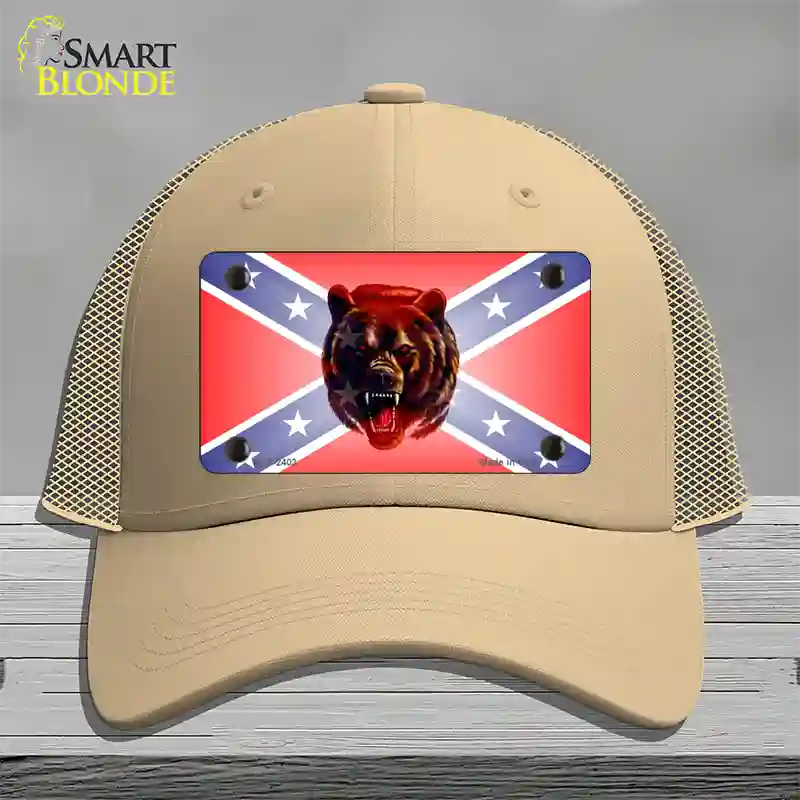 Confederate Flag Grizzly Bear Novelty License Plate Hat Mesh / Khaki