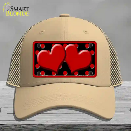 Red Black Polka Dot Red Center Hearts Novelty License Plate Hat Mesh / Khaki