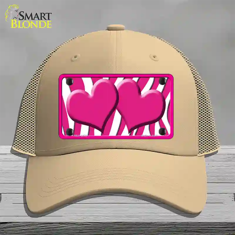 Hot Pink White Zebra Hot Pink Centered Hearts Novelty License Plate Hat Mesh / Khaki