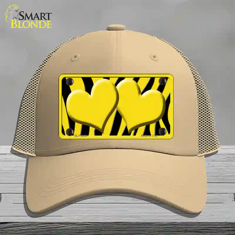 Yellow Black Zebra Yellow Centered Hearts Novelty License Plate Hat Mesh / Khaki