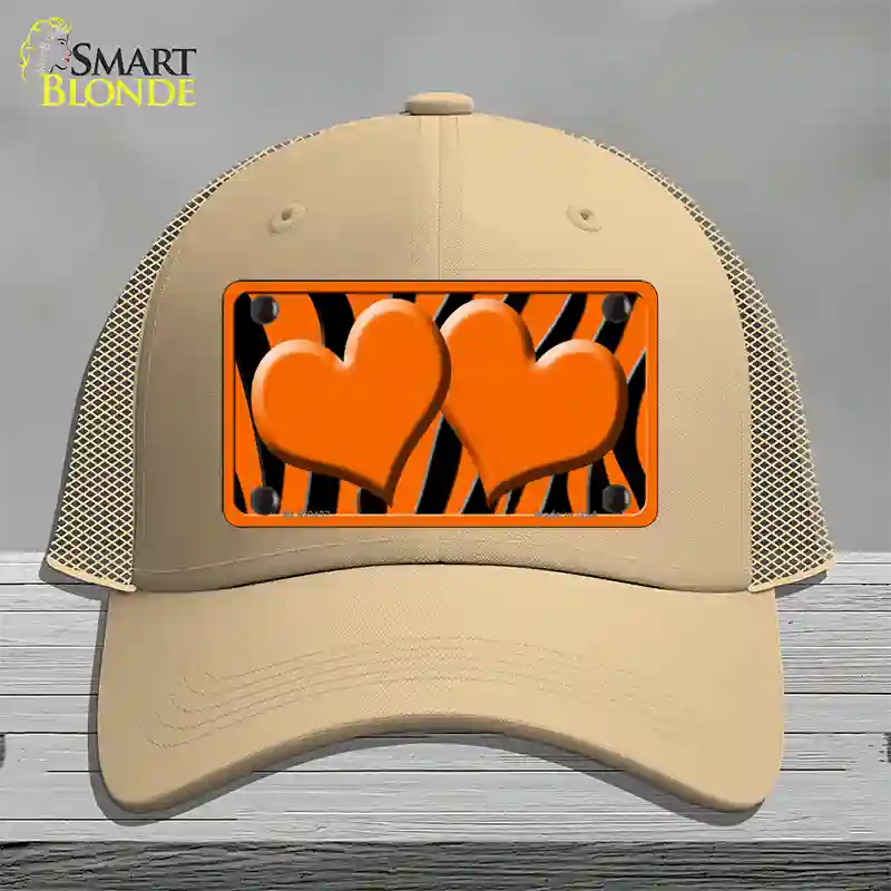 Orange Black Zebra Orange Centered Hearts Novelty License Plate Hat Mesh / Khaki