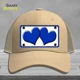 Solid Blue Centered Hearts White Novelty License Plate Hat Mesh / Khaki