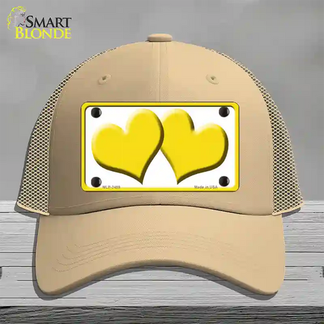 Solid Yellow Centered Hearts White Novelty License Plate Hat Mesh / Khaki