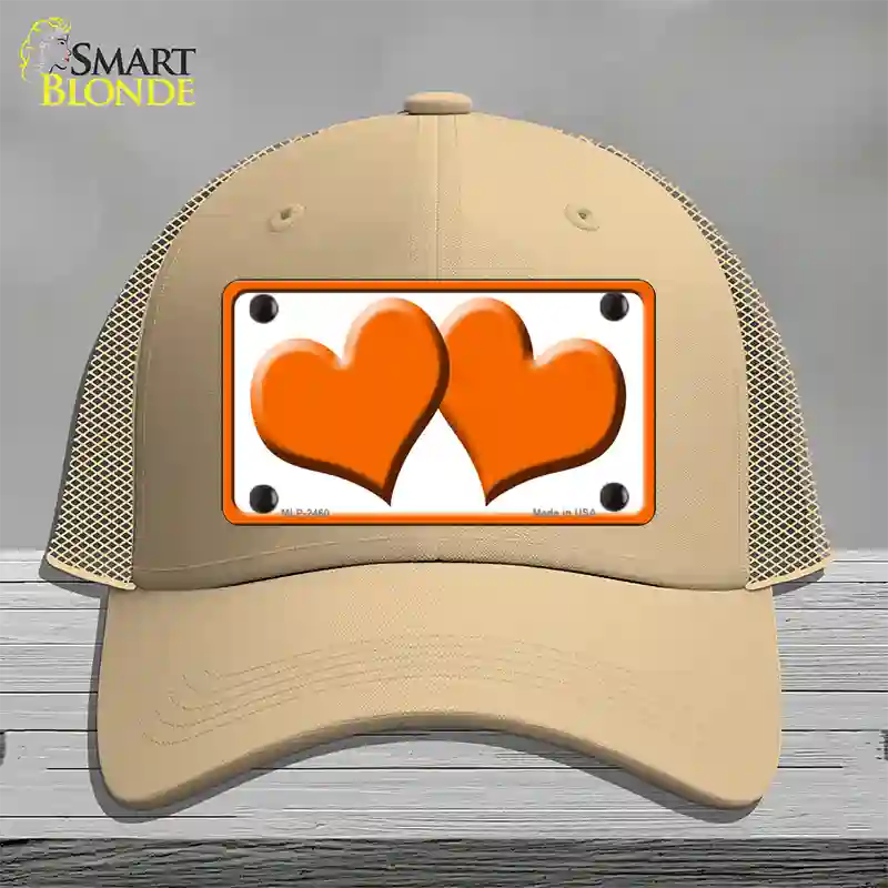 Solid Orange Centered Hearts White Novelty License Plate Hat Mesh / Khaki