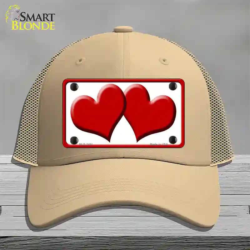 Solid Red Centered Hearts White Novelty License Plate Hat Mesh / Khaki