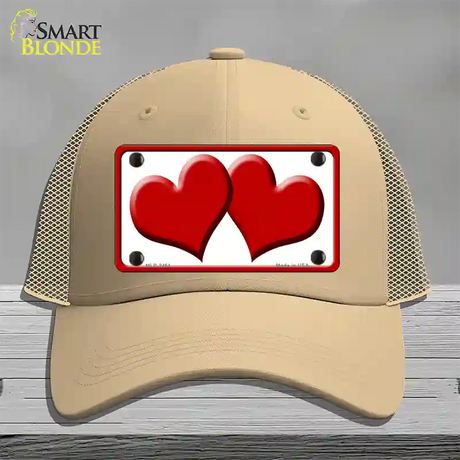 Solid Red Centered Hearts White Novelty License Plate Hat Mesh / Khaki